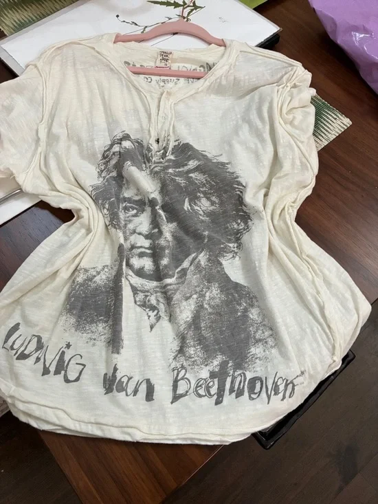 Magnolia Pearl. Rare. Beethoven Graphic Henley Tee - Cream with Gray Print - Picture 1 of 6